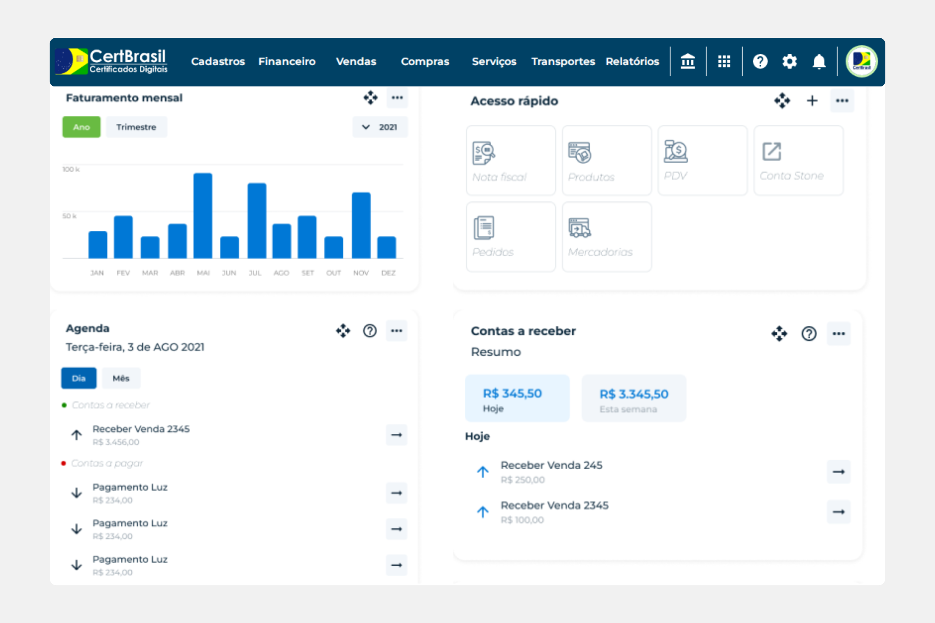 Tela inicial do sistema ERP CertBrasil